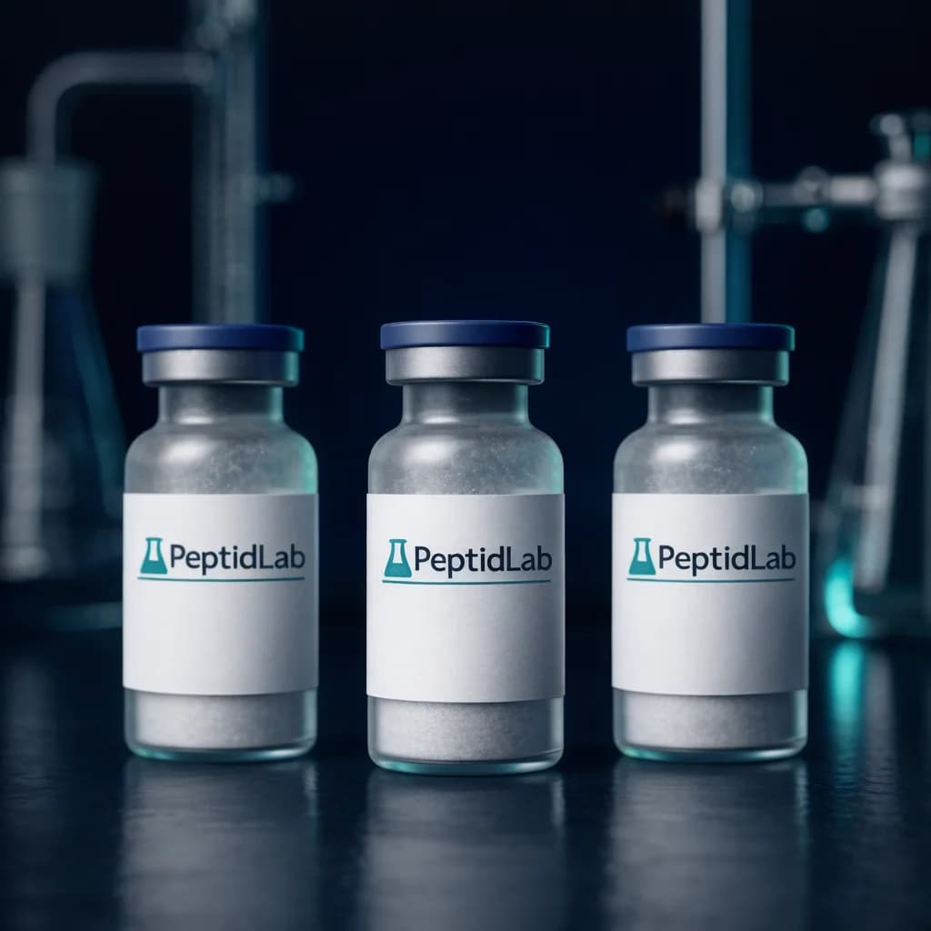 Bočice liofilizovanih peptida na tamnoj laboratorijskoj površini